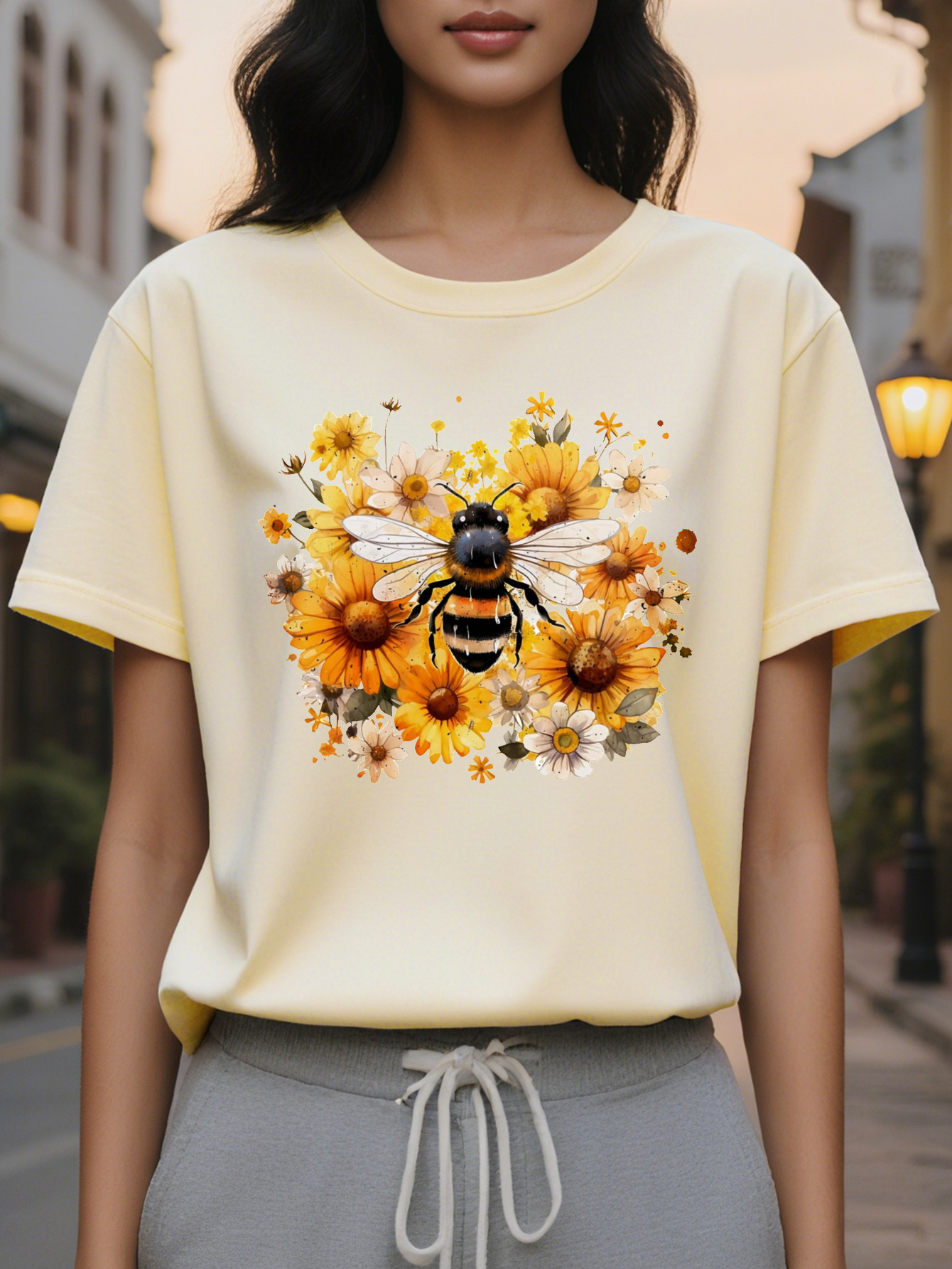 Women s Bee Flower Print Sleeve T Shirt Elegant Round Neck Casual Top Medium Elastic Washable Comfortable Regular Fit
