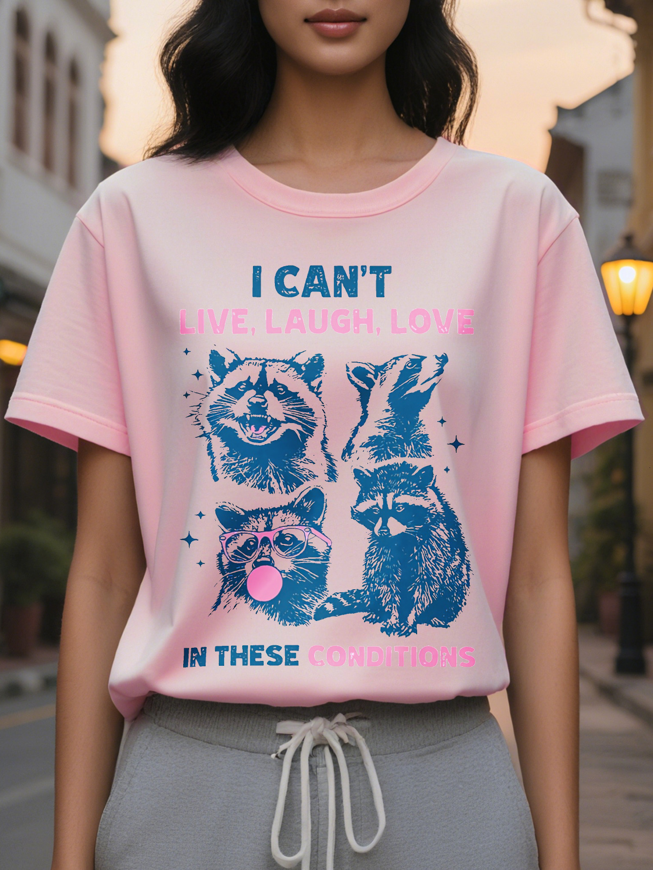 Large XL Funny Cotton Rayon Spandex Blend I Can't Live Laugh Love in These Conditions Print Casual Short Sleeve T-shirt Crew Plus Size