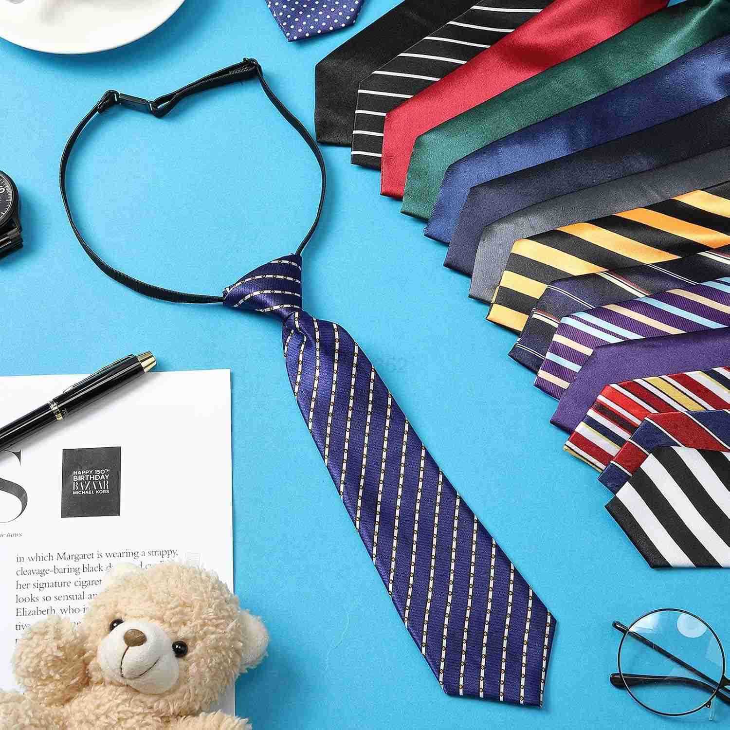 16 Pieces Boys Tie Skinny Kid Pre Tied Neckties Adjustable Tie children Solid Color Striped Boys Neckties for Kids Toddler School Uniforms Ages 410W25