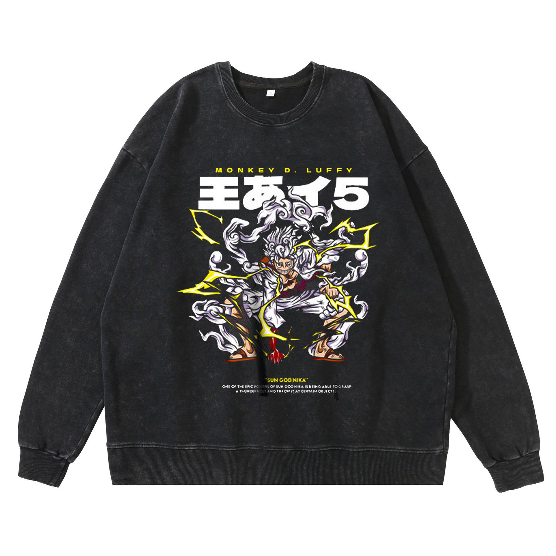New Washed Vintage Dark Tone Luffy Gear Fifth Nika Form Anime Graphic Hoodie Streetwear Crewneck Sweatshirt - TT8073