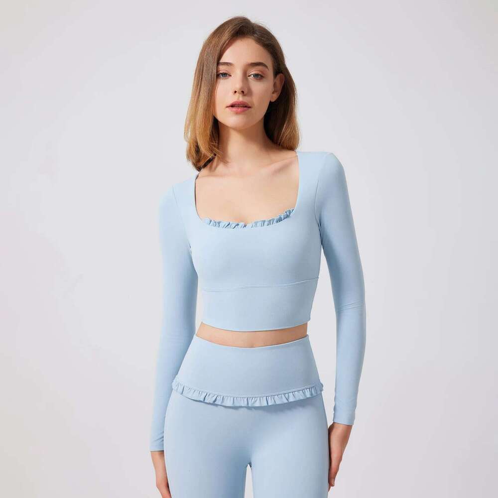 2Pcs Yoga Set Women Lotus Gym Fiess Padded Long Sleeve Sports Crop Top High Waist Flared Leggings With Ruffles Workout Clothes