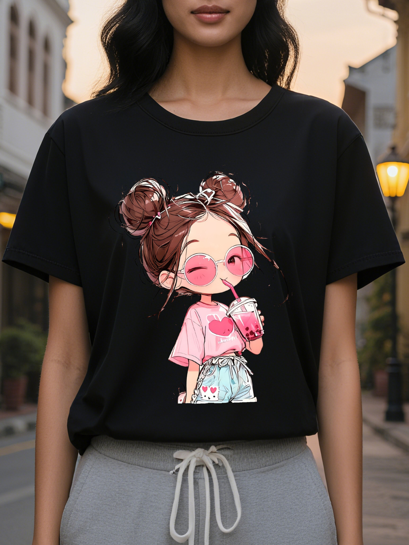 Large XL Women's Short Sleeve T-Shirt Cute Cartoon Print with Heart Glasses Drink Breathable Semi Sheer Round Neck Medium Plus Size