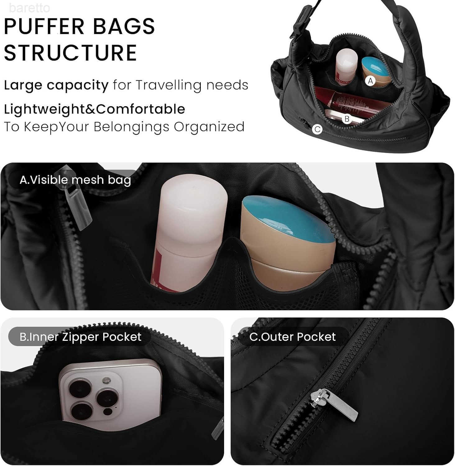 Small Puffer Crescent Shoulder Bag for Women Lightweight WaterResistant Nylon Purse with Adjustable Strap Multiple Pockets M250903