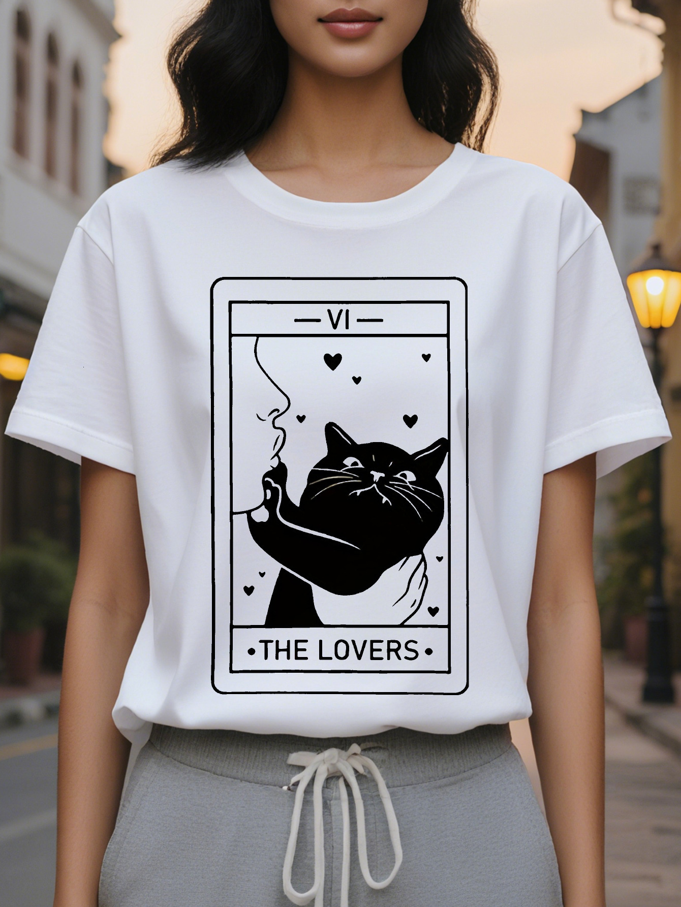 Large XL Women's Tarot The Graphic T-Shirt Whimsical Witch Hat Black with Hearts Design Soft Crew Neck Tee for Lovers Plus Size