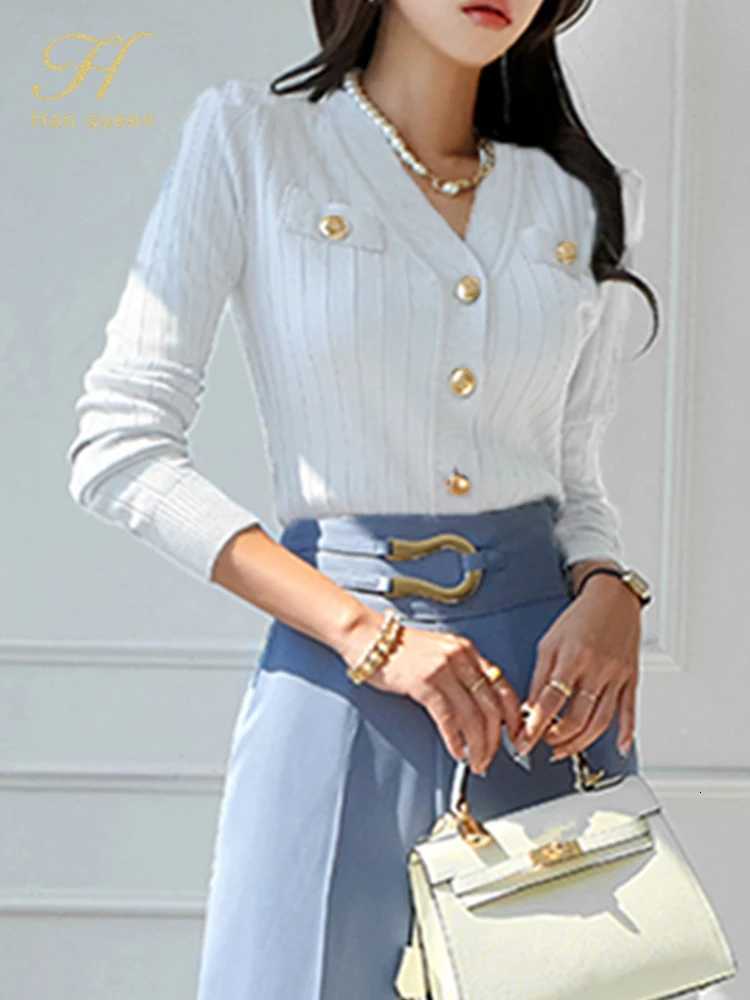 H Han Queen Korean Chic VNeck Knitted Cardigan Sweater For Women Casual Basic Long Sleeve Cardigans Autumn Vintage Sweaters Top M250904