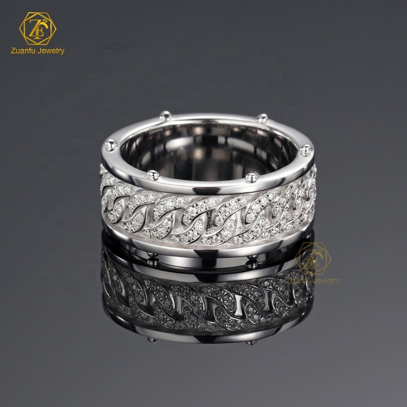 18K Plated White Gold Ring Hip Hop Style Iced Out Full Diamond Tennis Chain Men Ring Lab Grown Moissanite Rings Band for Men