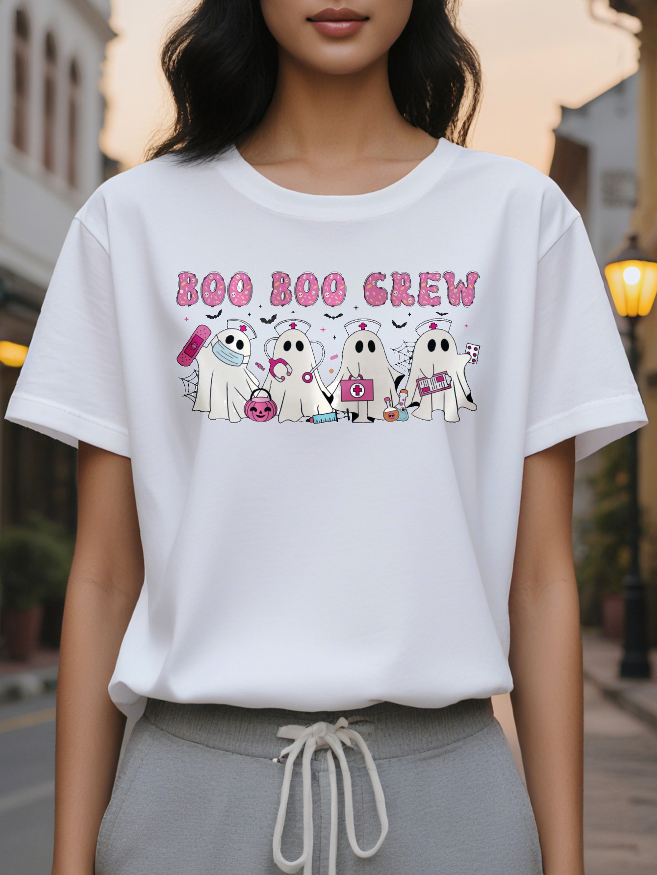 Women's nurse ghost theme T-shirt, white round neck casual top with bat and Boo Crew words, washable for summer