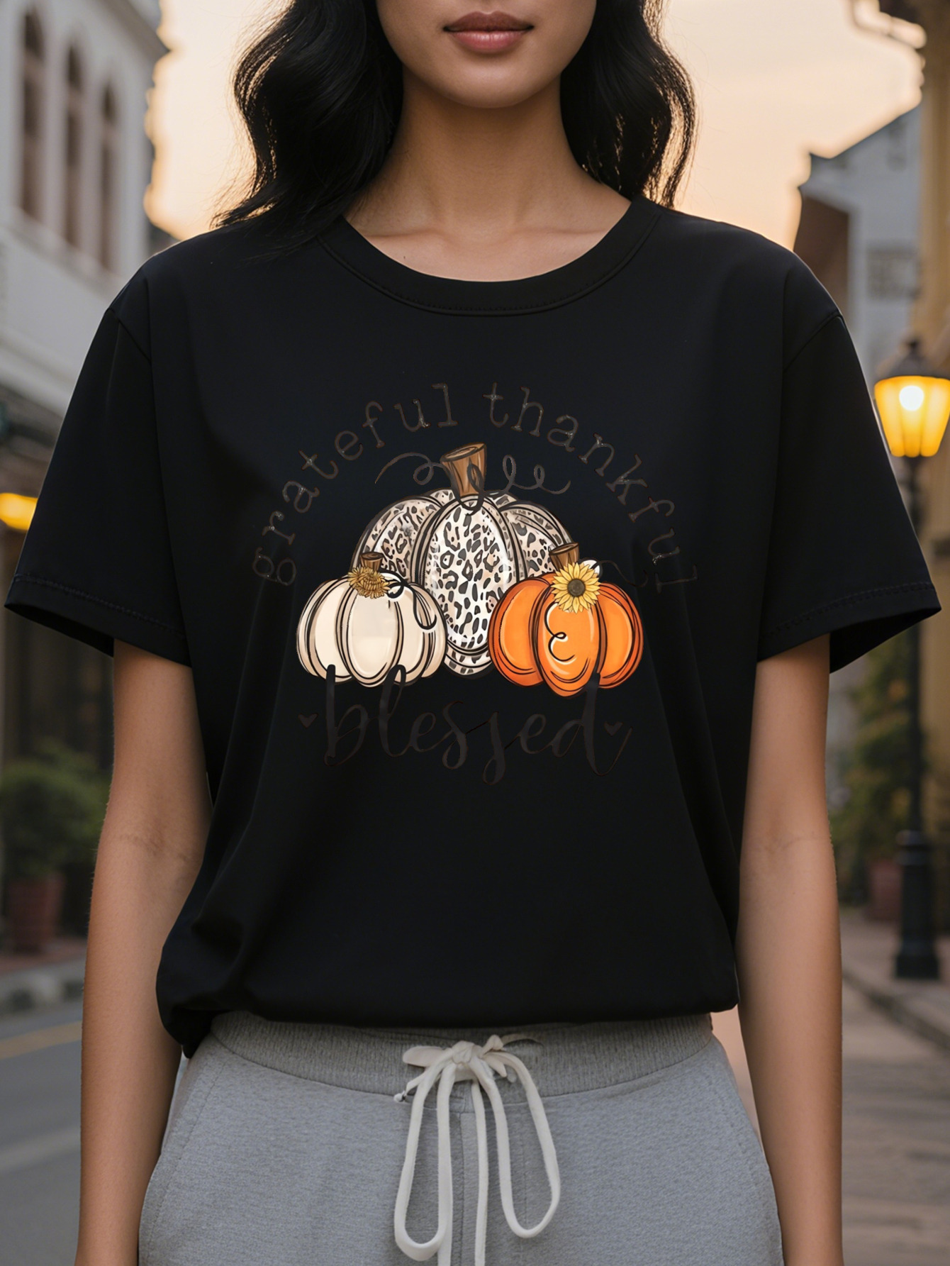 Large XL Women S Autumn Graphic T-Shirt Grateful Blessed Message with Pumpkins Round Neck Tee for Fall Spring Washable Plus Size