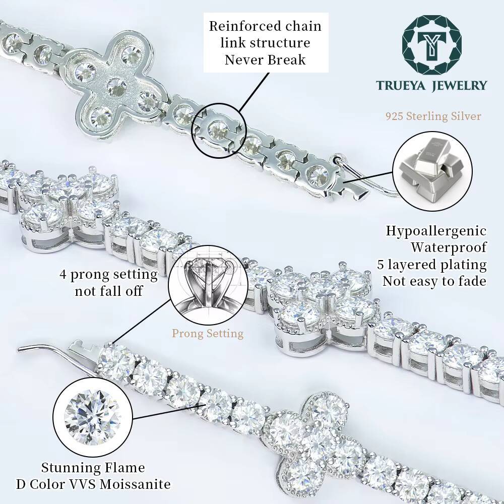 Wholesale Custom Women 4mm 925 Sterling Silver Wedding Crushed Ice Vvs Diamond Mossanite Moissanite Flower Tennis Chain Bracelet