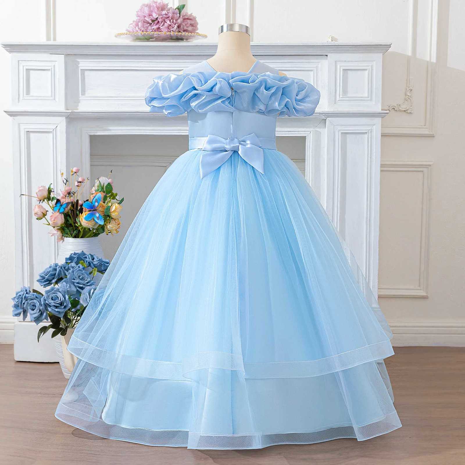 Folding Flower Princess Party Girls Dress Elegant Tulle Bridesmaid Wedding Evening Dress for Girls Birthday Graduation Prom Gown Z250904