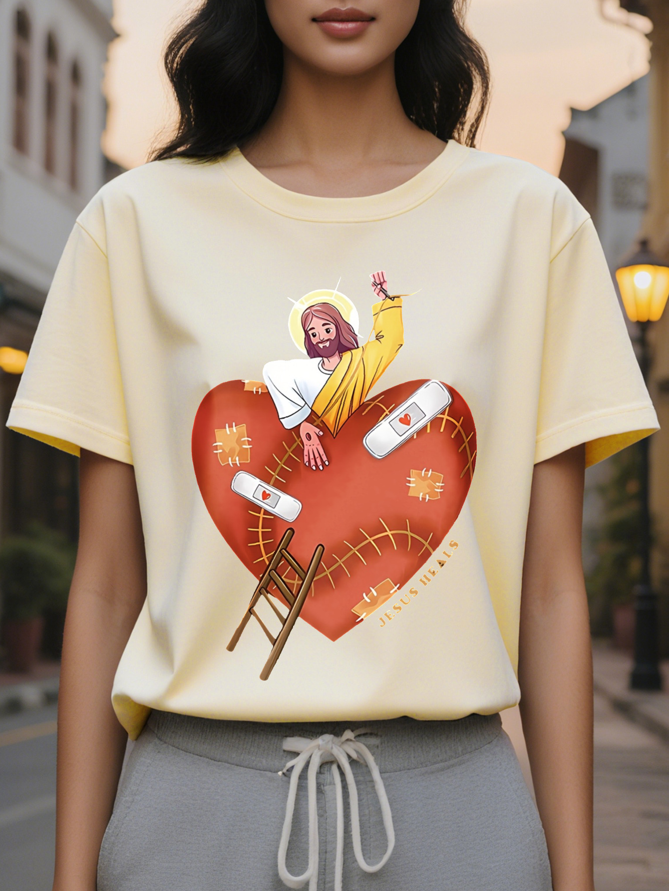 Large XL Jesus Heals My Heart Religious Faith Print Fashion Casual Short Sleeve SpringSummer Slim Fit Round Neck Women's Plus Size