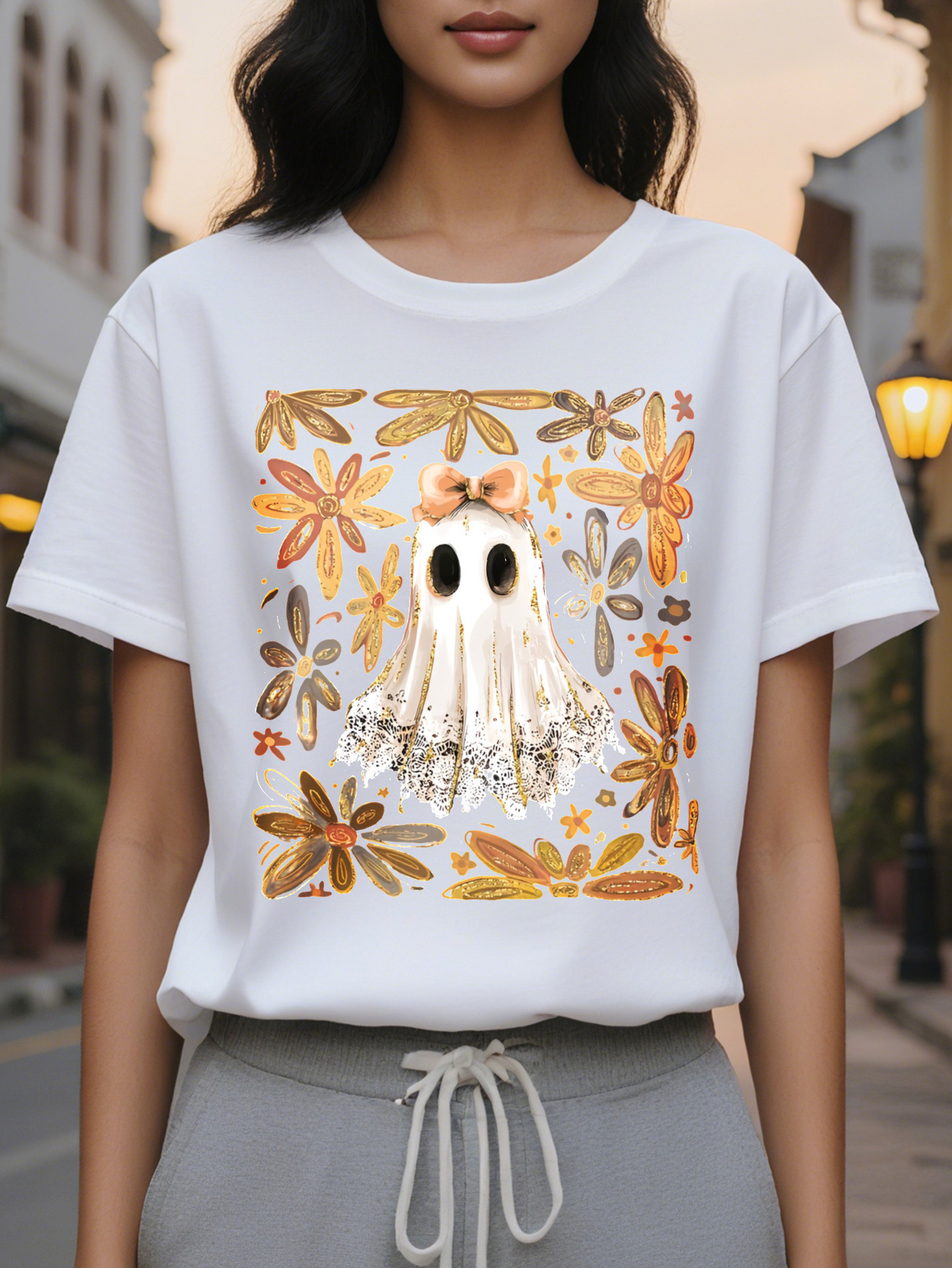 Women S T Shirt Spooky Ghosts Pumpkins Floral Print Black Background with Orange Accents Loose Fit Casual Party