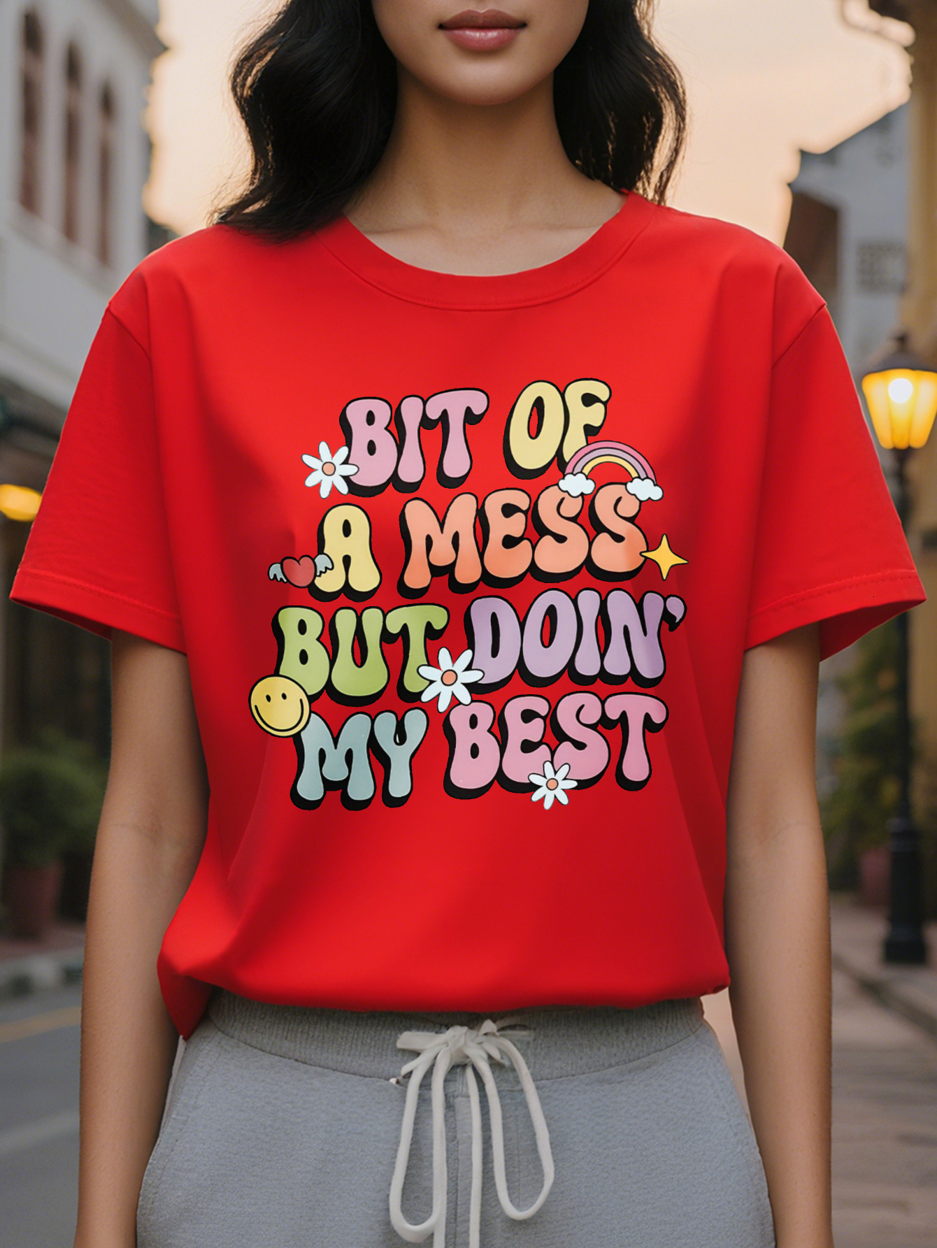 Women's Casual Short Sleeve T-Shirt A Bit of a Mess But Doing My Best Slogan Floral Star Print Heather Gray