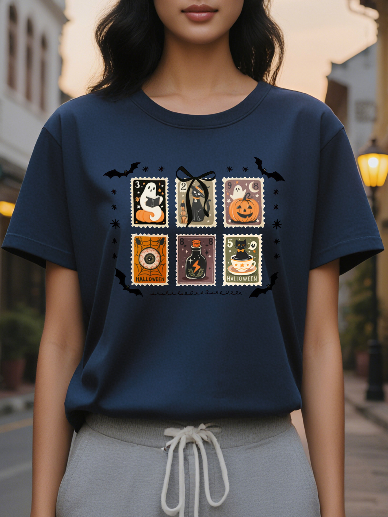 Large XL Women S T Shirt Orange Tee with Pumpkin Bat Witch Hat Lightweight Casual Party Outfit Everyday Fall Apparel Plus Size