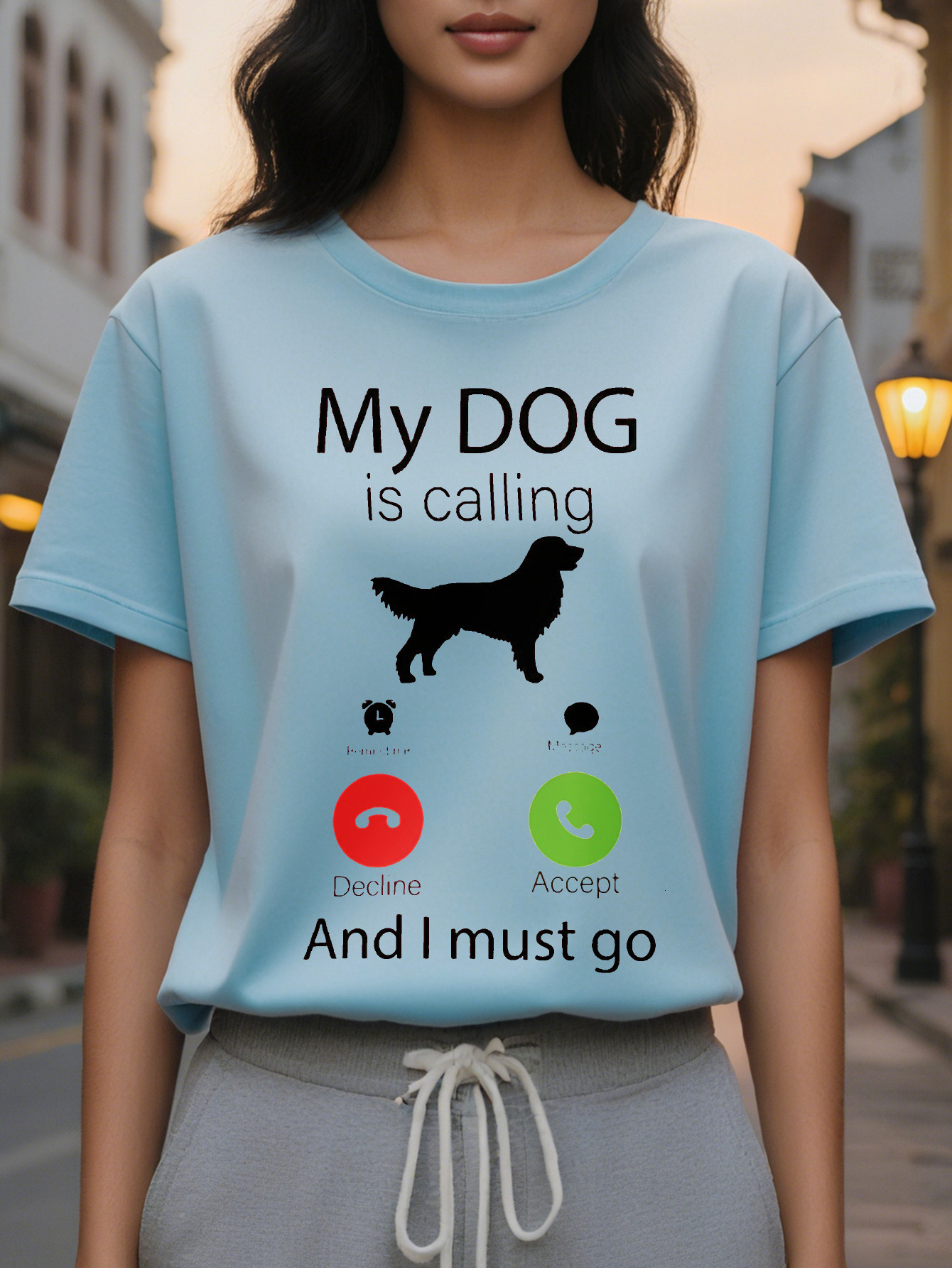 Large XL PC Women S Casual Crew Neck T-Shirt with My Dog Is Calling Print Cotton Rayon Blend Regular Length All Season Knit Plus Size