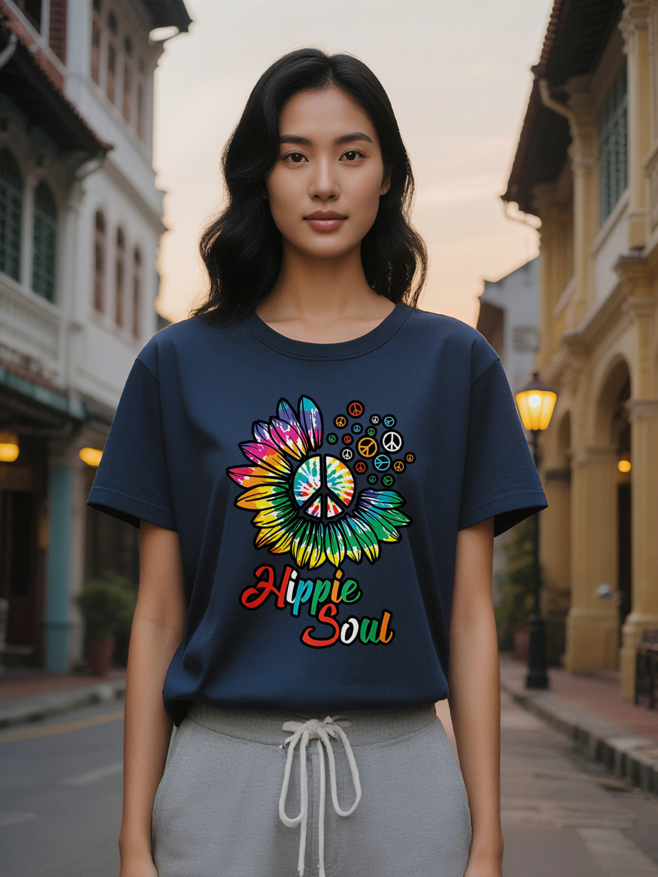 Lady Casual Graphic T-Shirt Hippie Soul Design with Colorful Peace Symbols Suower Motif Black Round Neck Summer
