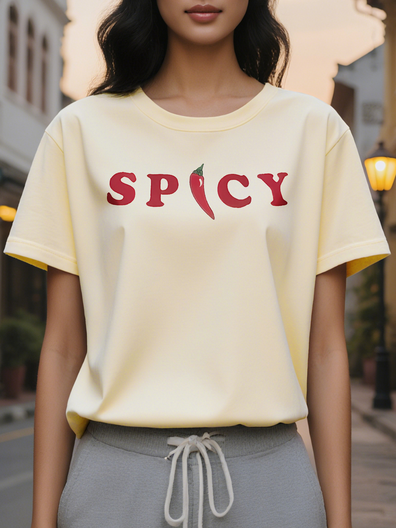 Women s White SPICY Pattern T-Shirt Short Sleeve Round Neck with Red Pepper Design Casual Summer Big Font Top