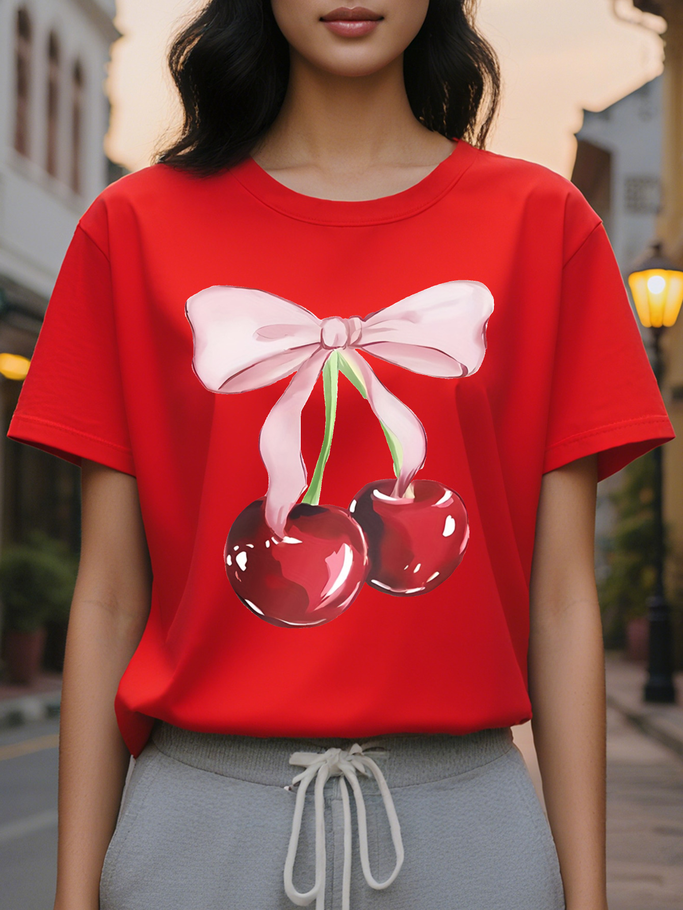 Women s short sleeved T shirt with cherry bow, slim translucent top, round neck, and summer washable white casual dress