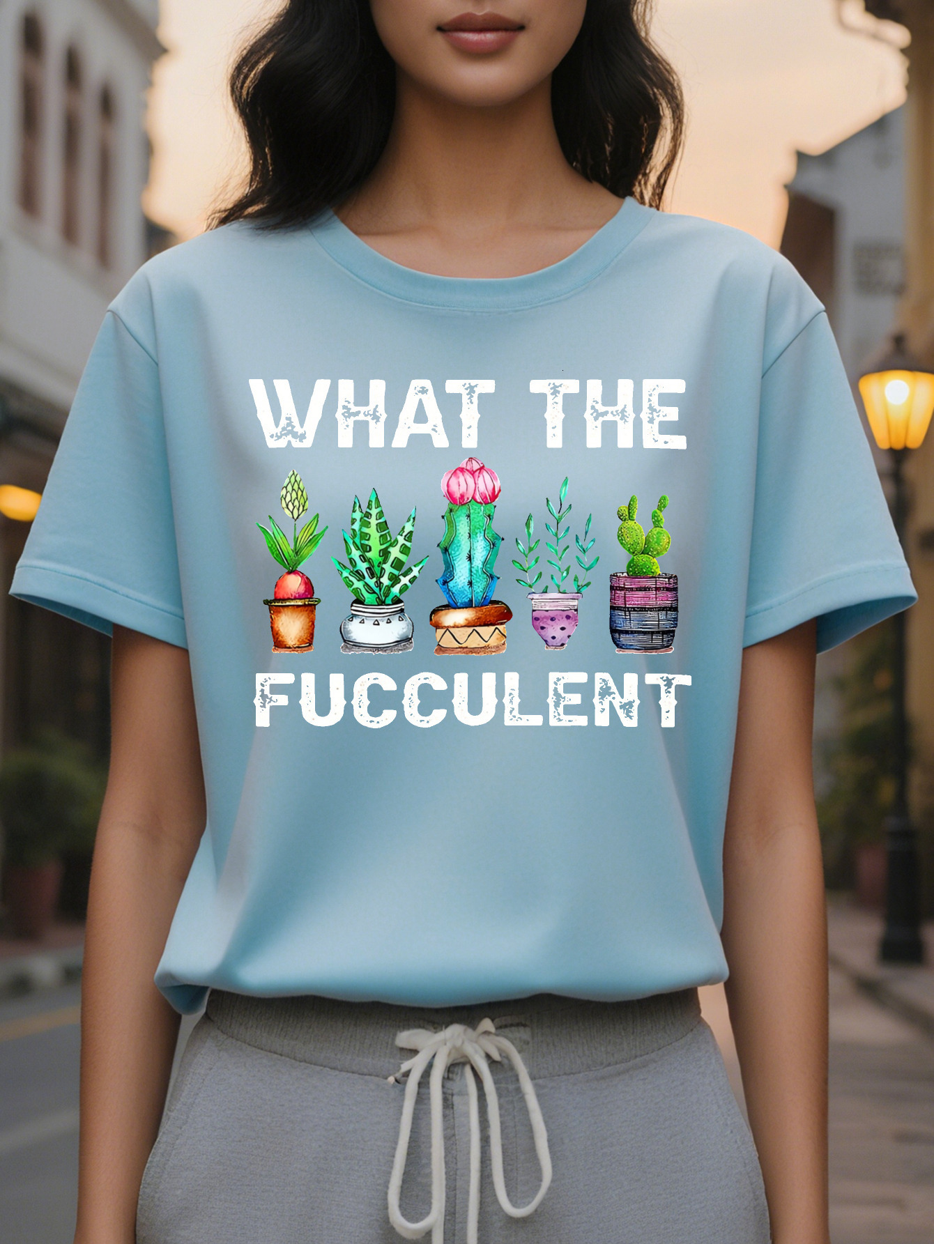 Large XL Playful Olive Green Women's Casual Short Sleeve T-Shirt What The Fucculent Graphic Print With Potted Plants Medium Plus Size