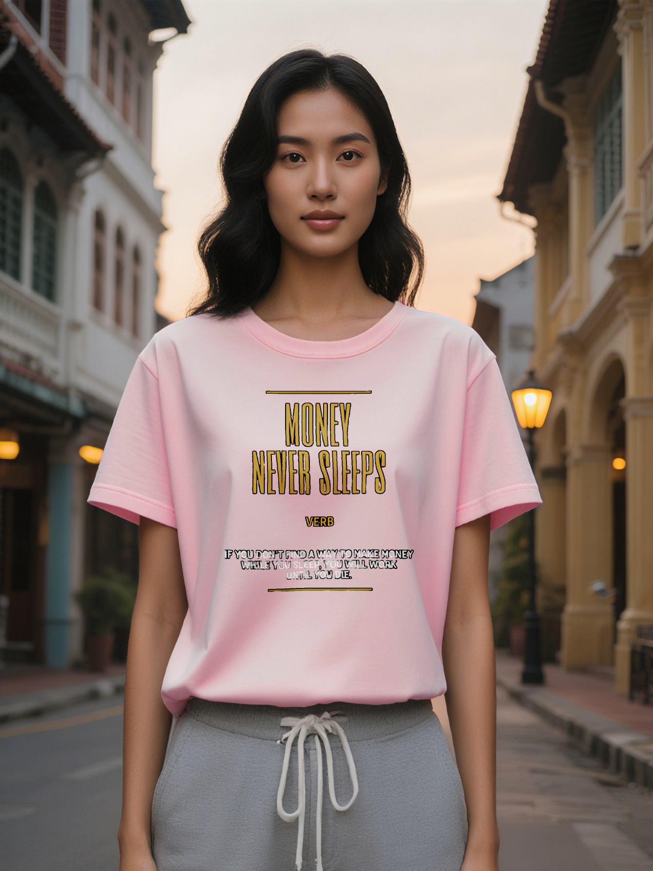 Large XL Women's Black Casual T-Shirt with 'Money Never Sleeps' Print If You Don't Find a Way to Make Money While You're Work