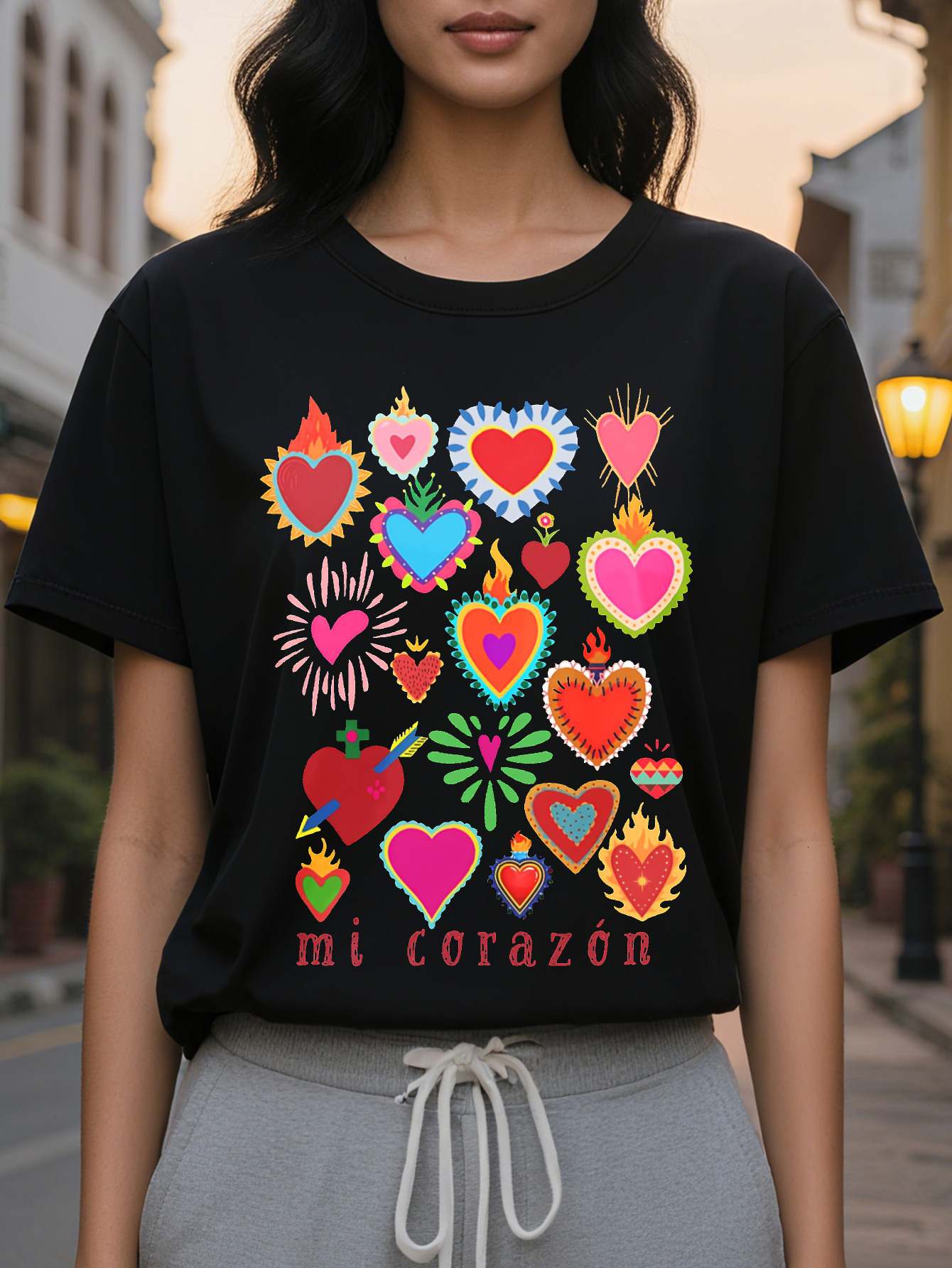 Large XL Women's Casual Short Sleeve Crew Neck T-Shirt Vibrant Purple Mexican Inspired Sacred Heart Spanish Flame Print Mi Plus Size