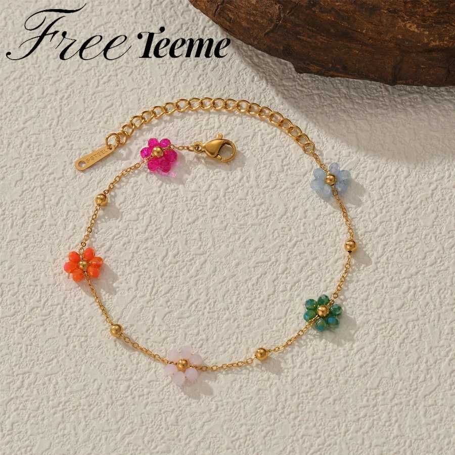 Freeteeme Fashion Colorful Flower Bracelet for Women Girls Stainl Steel Jewelry Gold Color Beads Chain Valentines Day GiftXJ250904