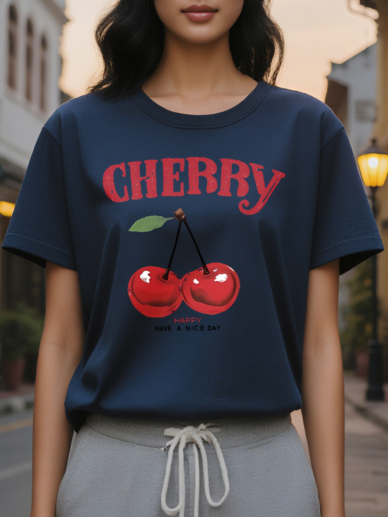 Large XL Women's Slim Fit Short Sleeve T-Shirt Cherry Print with Bold Red Lettering Have a Nice Day Slogan Light Yellow Plus Size