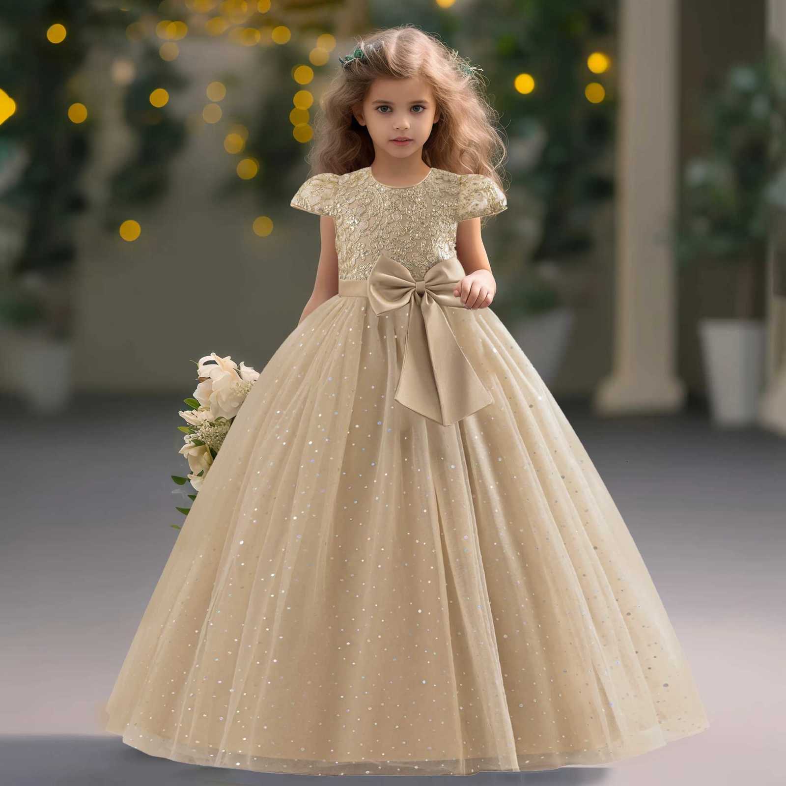 Elegant Bow Bridesmaid Party Girls Dress Sequin Flower Wedding Birthday Princess Dress Girl Tulle Prom Performance Gala Costumes Z250904