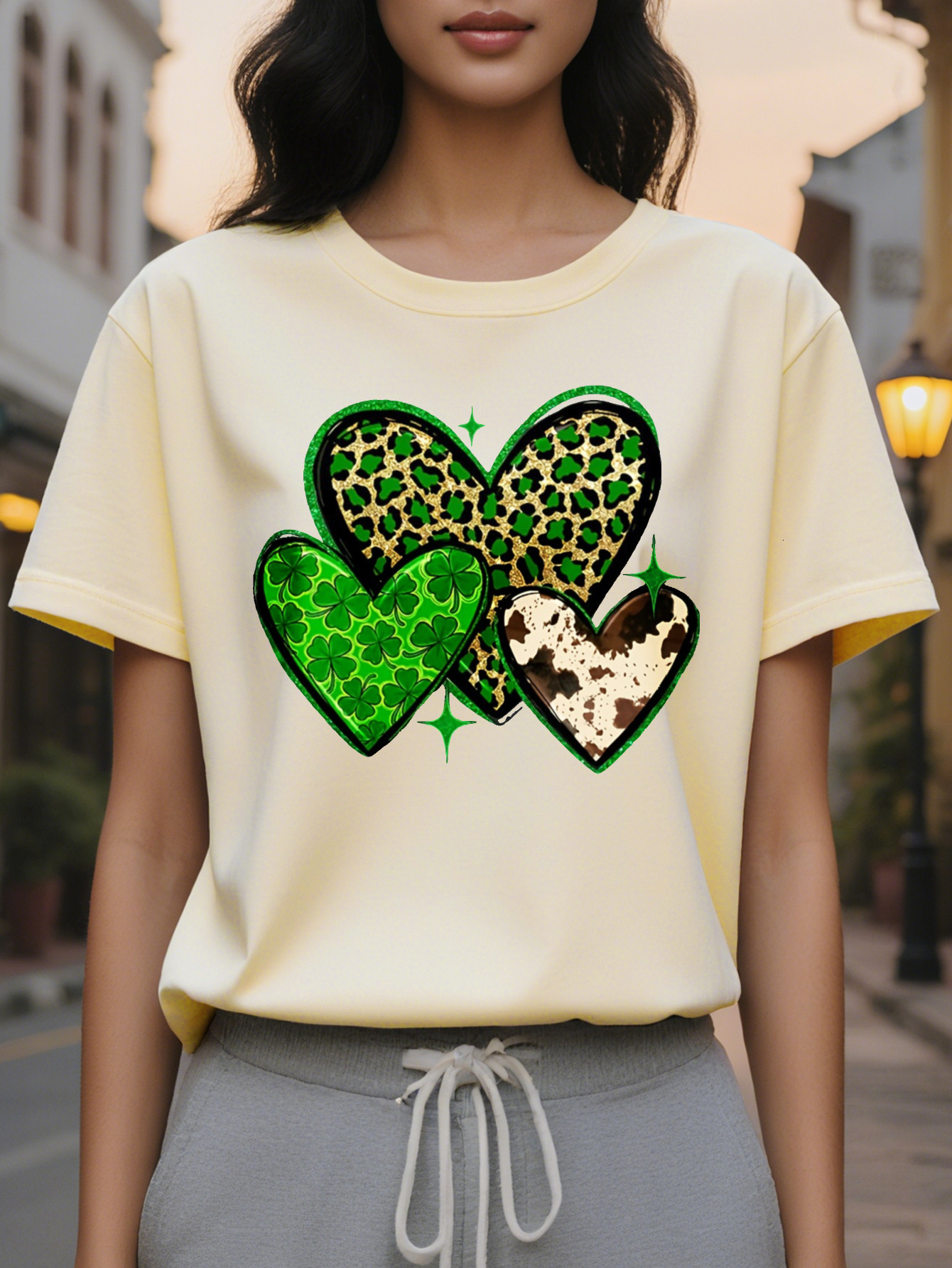 St Patrick's Day T-Shirt Clover Heart Print Short Sleeve Crew Neck Top for Spring Summer Women's Clothing