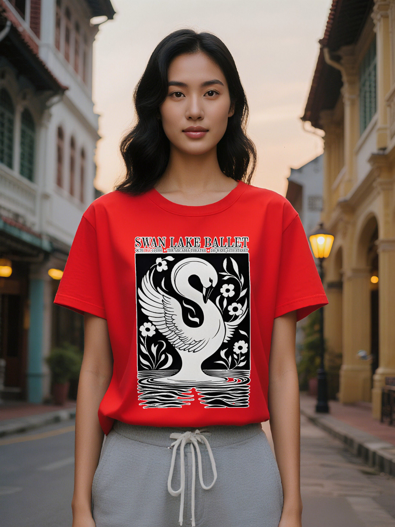 Large XL Women's Casual Lacquer Graphic T-Shirt Black with White Swan Floral Print Round Neck Summer Tee Washable Regular Plus Size