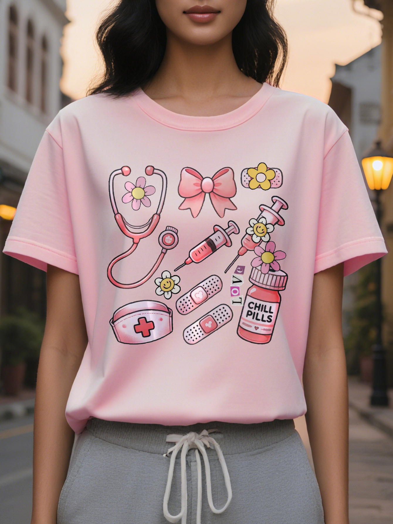 Women's nurse-themed short-sleeved T-shirt with floral print and the word NURSE, elastic round neck casual top for spring