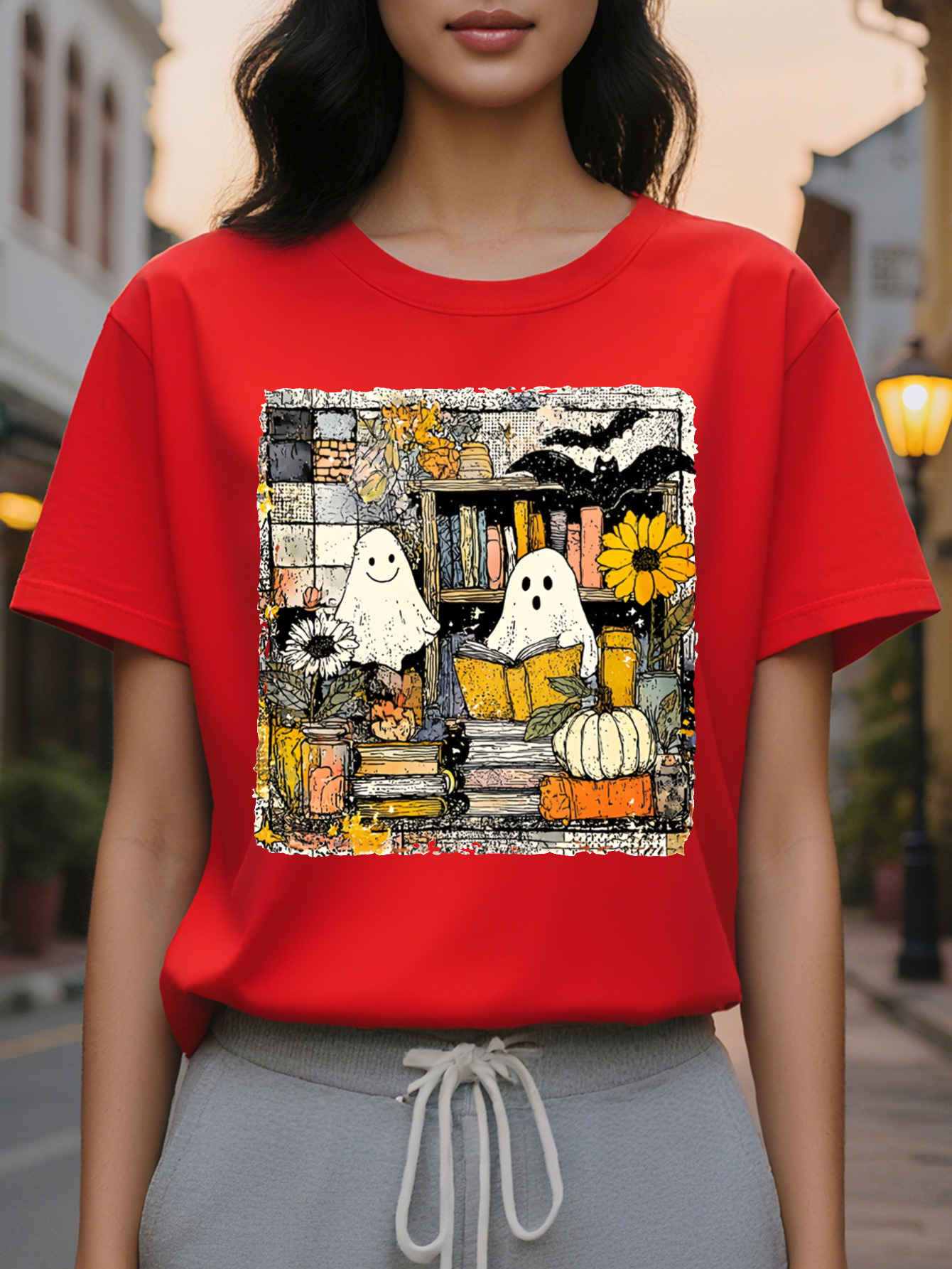 Large XL Women's T-Shirt Cute Print Short Sleeve Round Neck Top Spooky Bats Witches Pumpkins Cozy Autumn Colors in Orange Plus Size