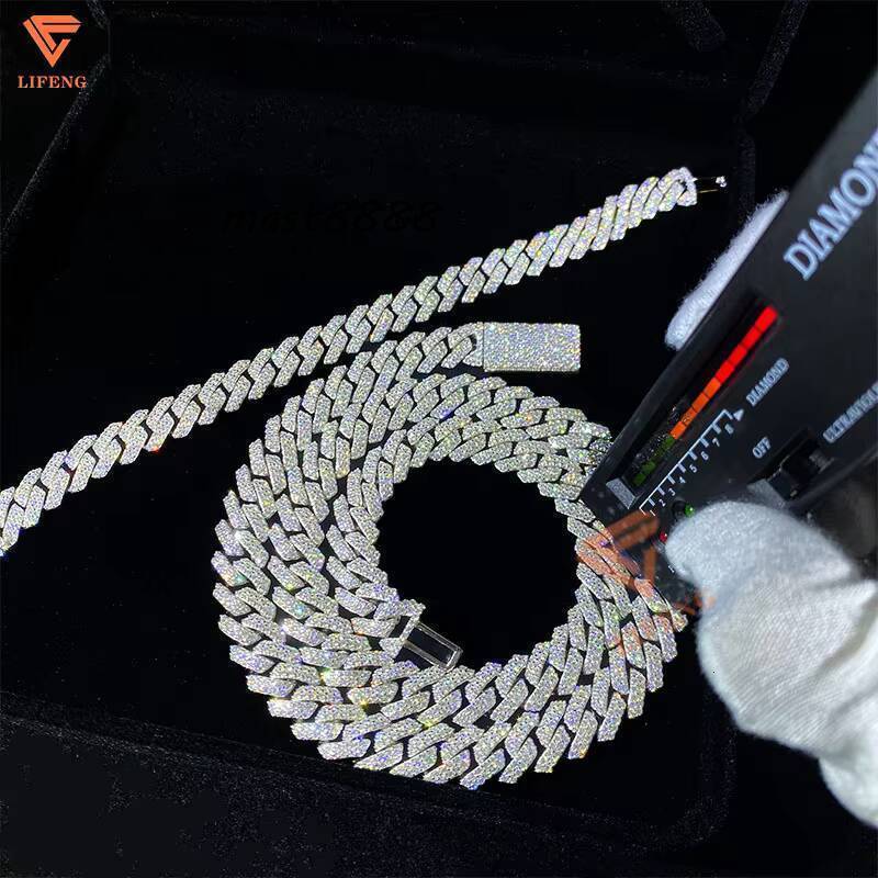 12mm Hip Hop Miami Cuban Link Chain 2Rows 925 Sterling Silver Vvs Moissanite Iced Out White Gold Plated Cuban Necklace
