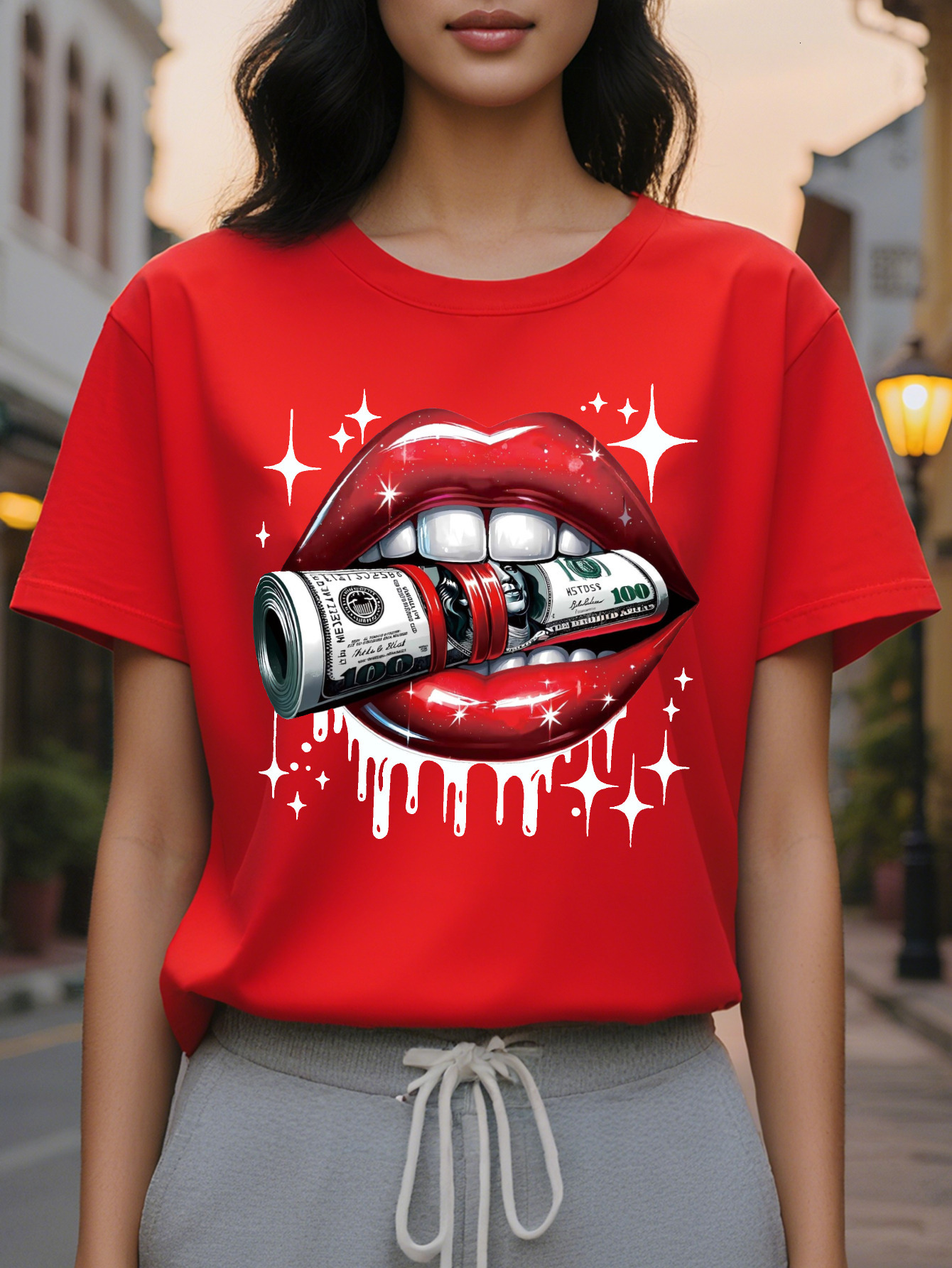 Red Lips Dollar Print T-shirt Casual Short Sleeve Crew Neck Top Stylish All Season Women's Clothing