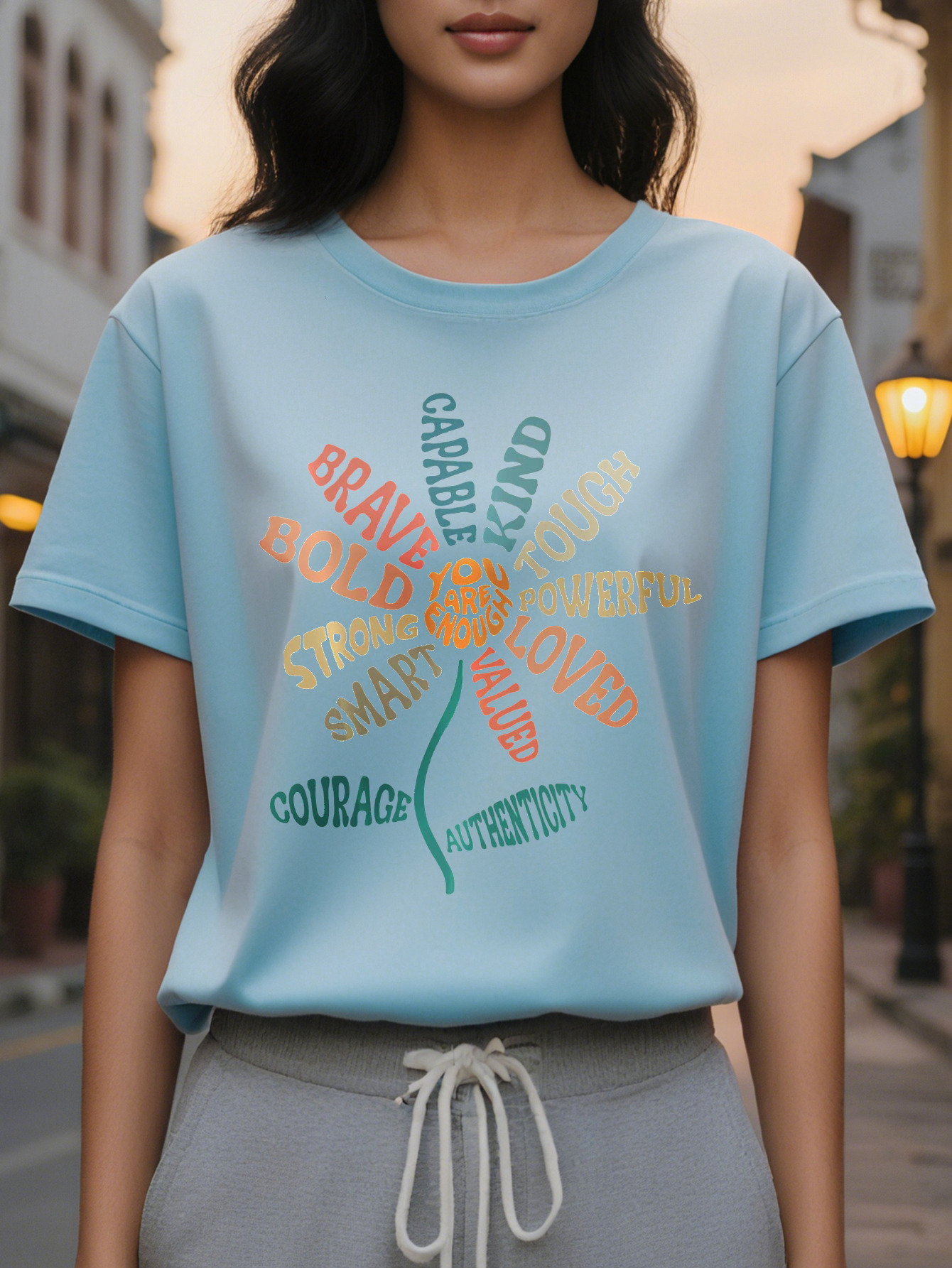Women's Motivational Letter Printed T-Shirt Round Neck Short Sleeve Elastic Cotton Suitable for Spring