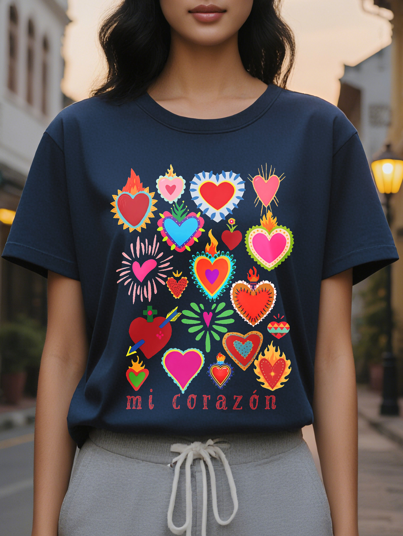 Large XL Women's Casual Short Sleeve Crew Neck T-Shirt Vibrant Purple Mexican Inspired Sacred Heart Spanish Flame Print Mi Plus Size