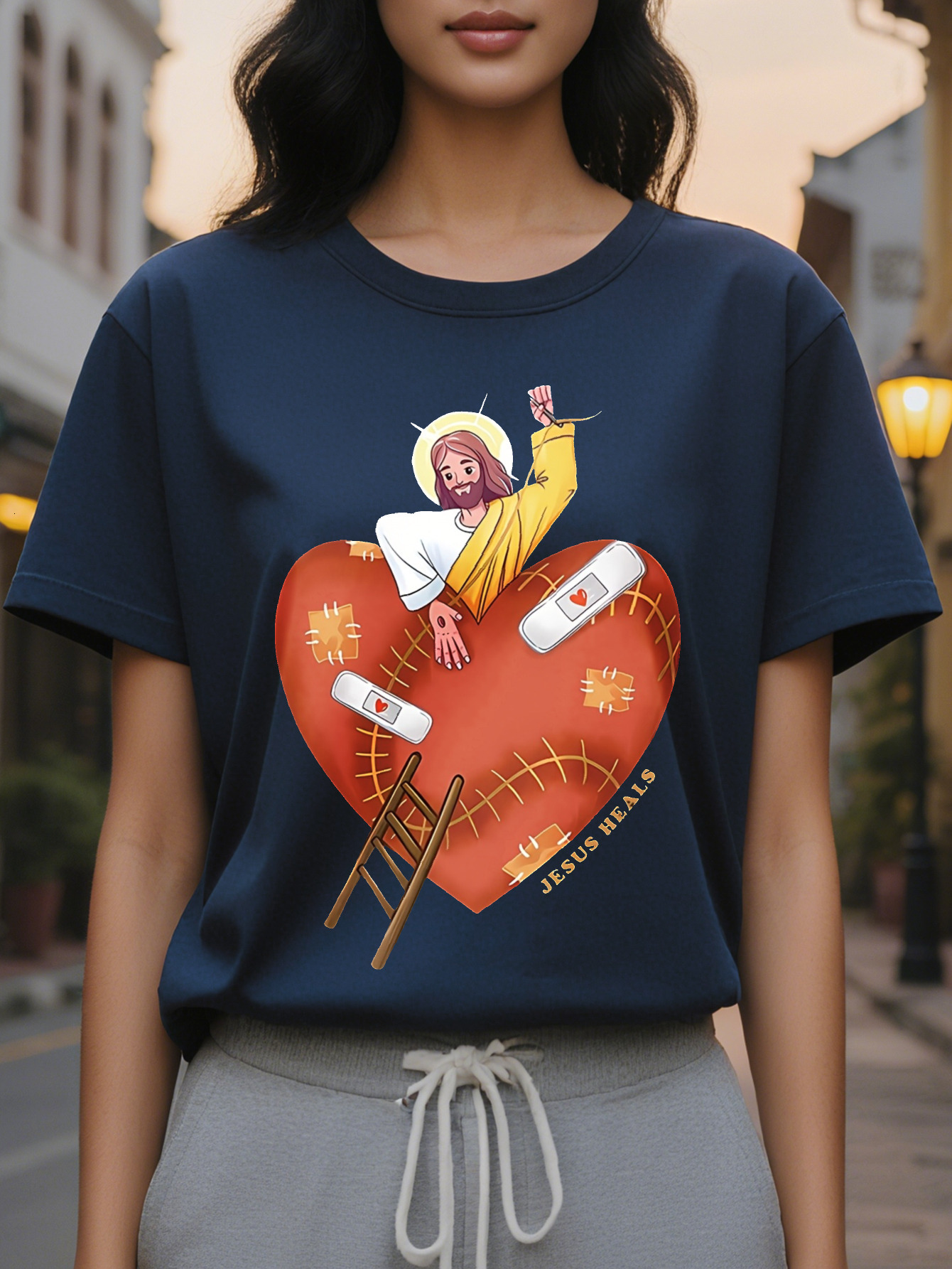 Large XL Jesus Heals My Heart Religious Faith Print Fashion Casual Short Sleeve SpringSummer Slim Fit Round Neck Women's Plus Size