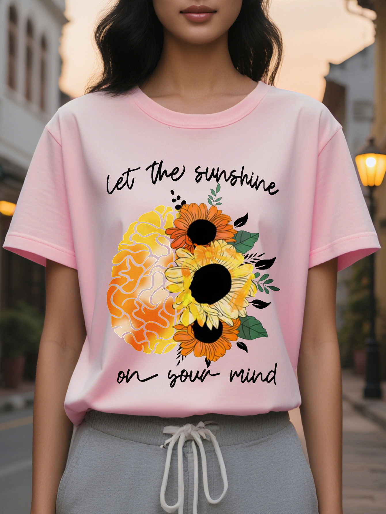 Ladies Elegant T-Shirt Let The Sun Light Up Your Heart Pattern Round Neck Short Sleeve Cotton Wear Casual