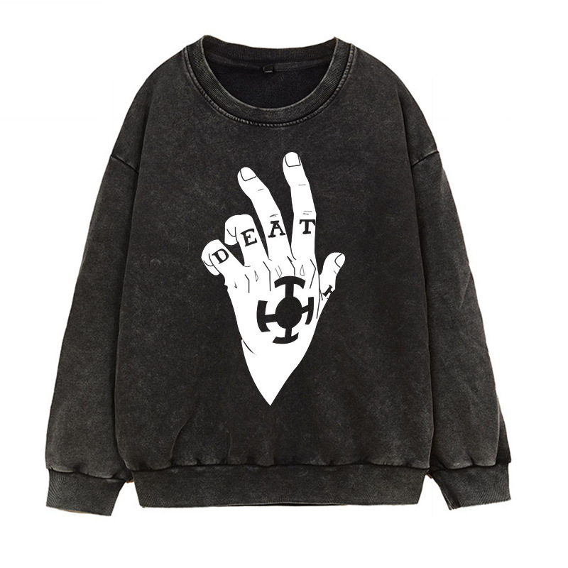 Water-Washed Vintage-Faded Hoodie Japanese Manga Trafalgar Law ROOM Anime Print Crewneck Fall/Winter Heavyweight - CJ7717
