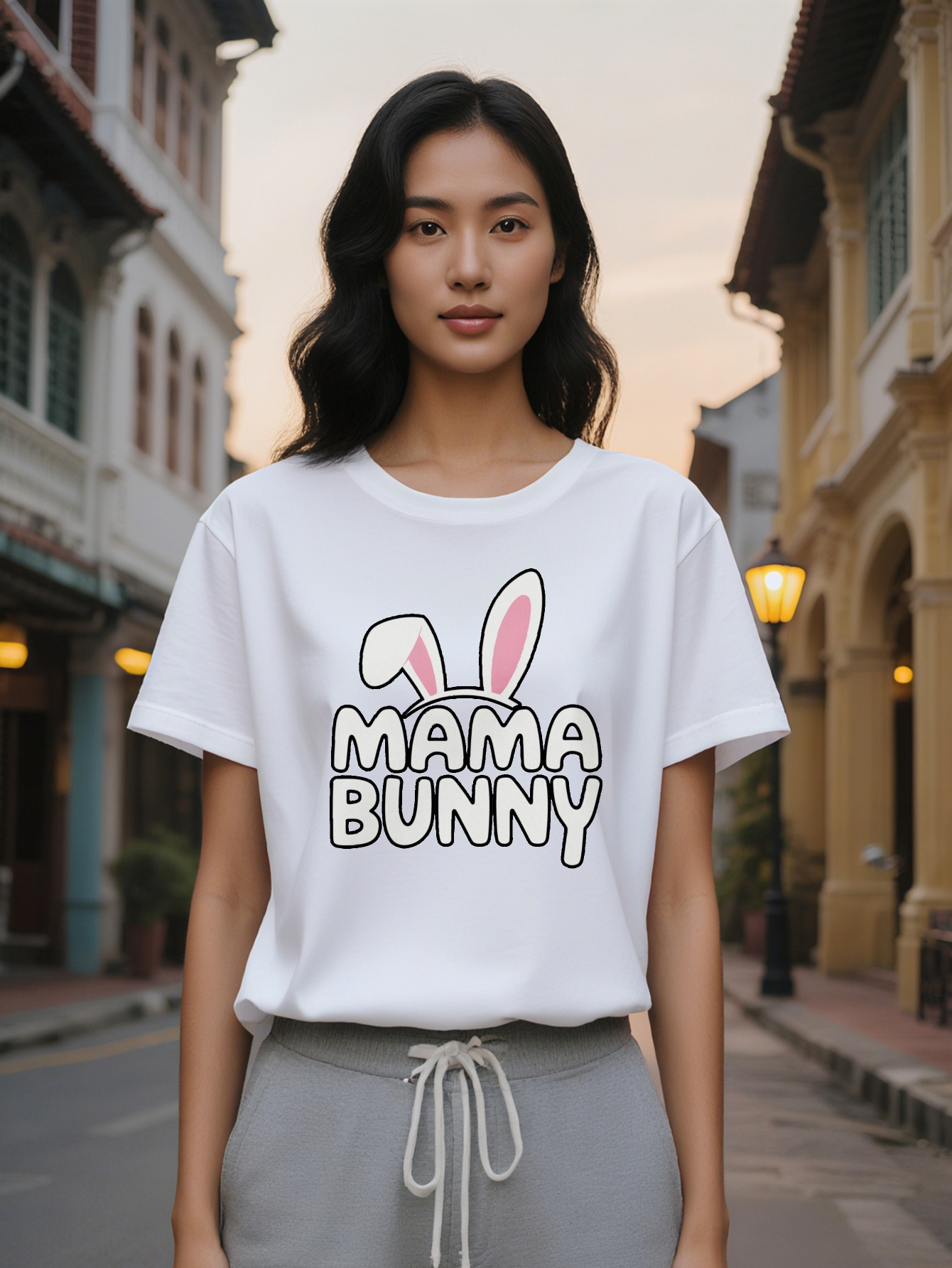 Large XL Women's Casual Short Sleeve T-Shirt Black Mama Bunny Graphic Print Round Neck Summer Tee Washable Regular Plus Size