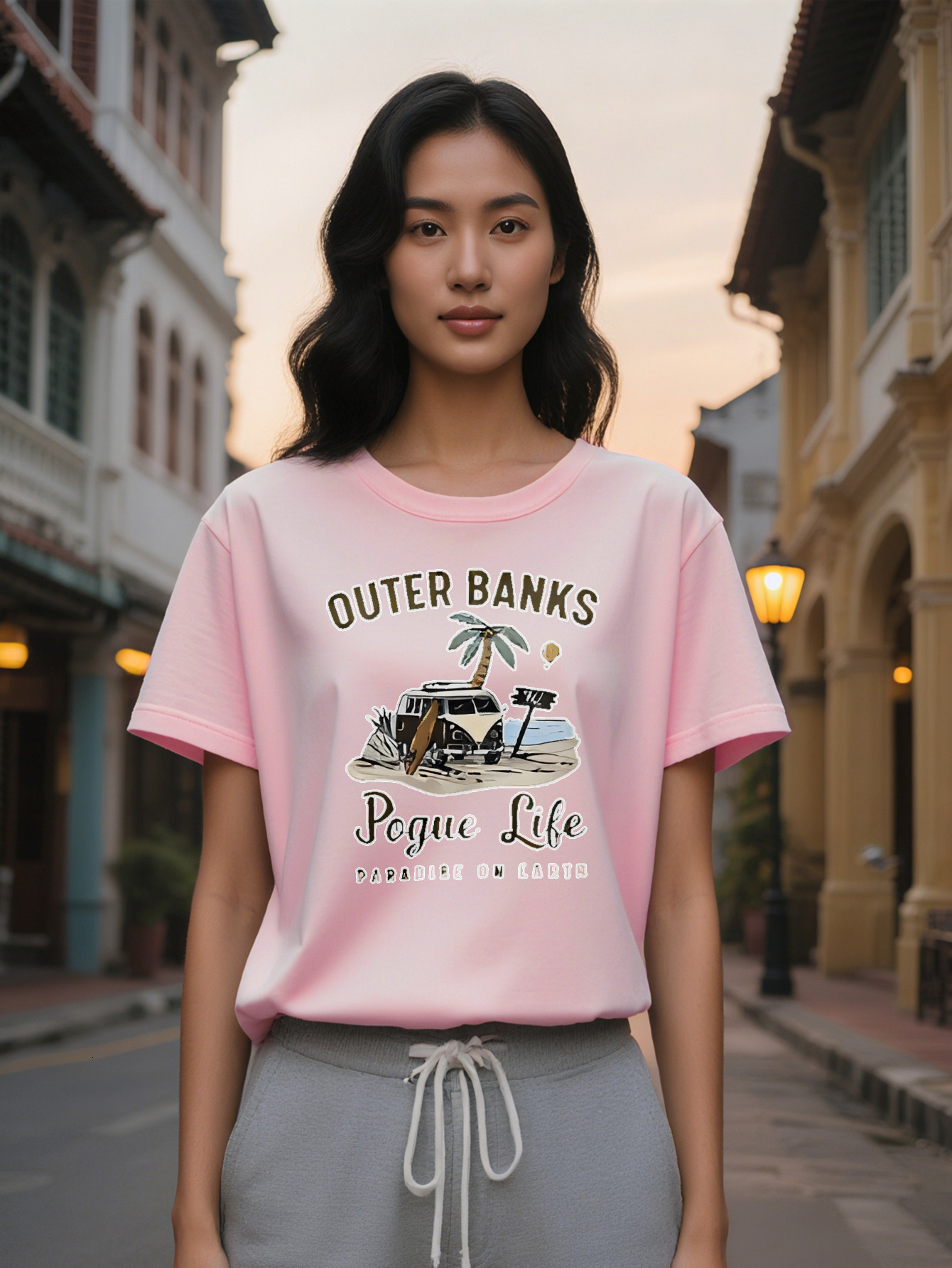 Large XL Women's Casual Crew Neck T-Shirt with Vintage Beach Print Short Sleeve Black Graphic Tee Featuring Outer Banks Life Plus Size