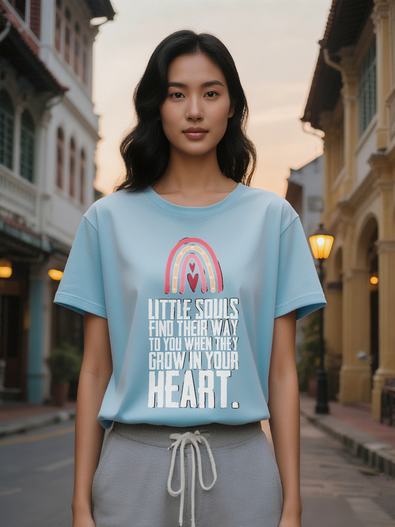 ladys Casual Versatile Round Neck T-Shirt with Rainbow Heart Print Design a Great Gift for ladies
