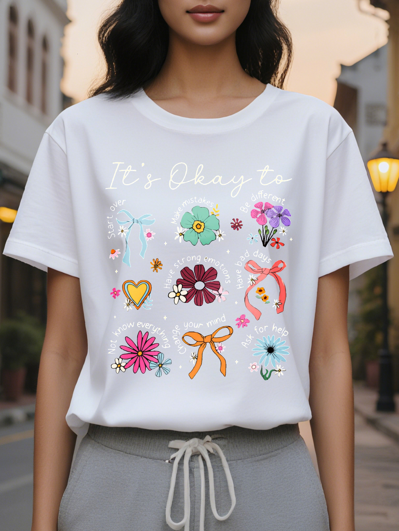 Large XL Women S Casual Short Sleeve T-Shirt Black with Colorful Floral Butterfly Print It's Okay to Be Different Graphic Plus Size