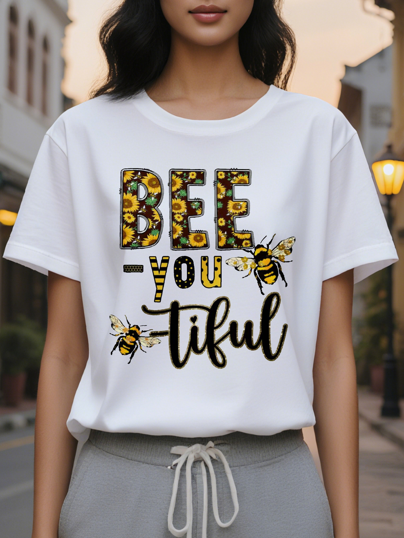 Women s Sleeve Sweater Bee You tiful Pullover Beekeeping Design White Casual Top Suitable for Daily and Halloween