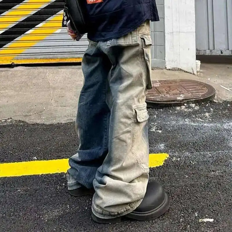 PFNW High Street Washed Vintage Gradient Multi Pocket Jeans Mens Streetwear Drawstring Wide Leg Pants Spring Trendy 28W4702 250823Z