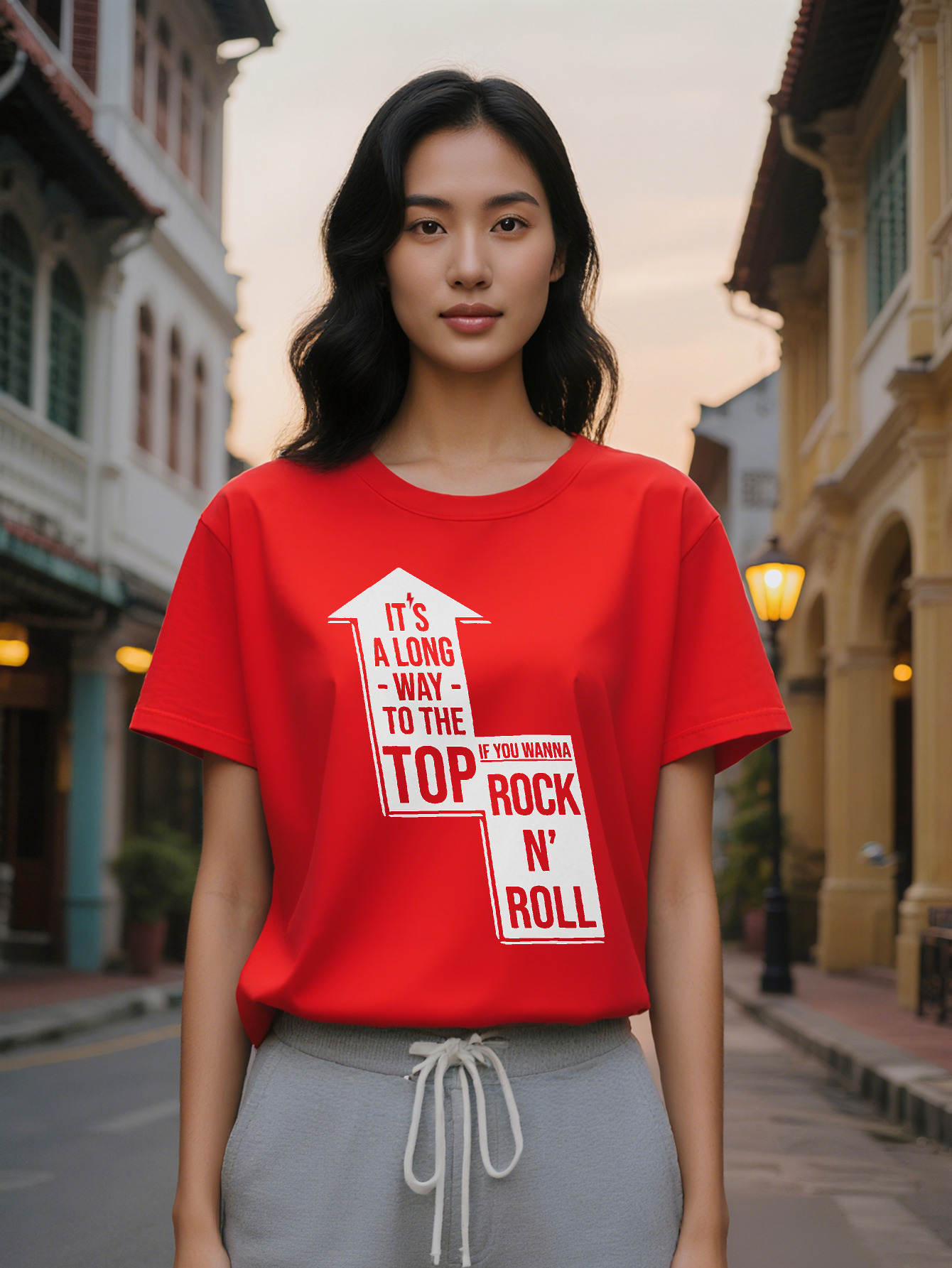 Large XL Women's Casual Crew Neck T-Shirt with It's a Long Way to the Top If You Wanna Rock N Roll Arrow Print Perfect Gift for Plus Size