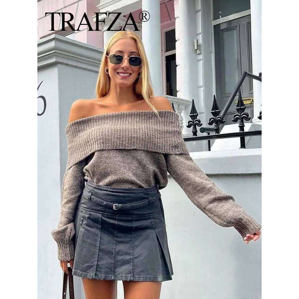 TRAFZA Women Fashion Solid Off Shoulder Long Sleeve Knitted Pullover Sweater Autumn Female Casual Knitwear Chic Top