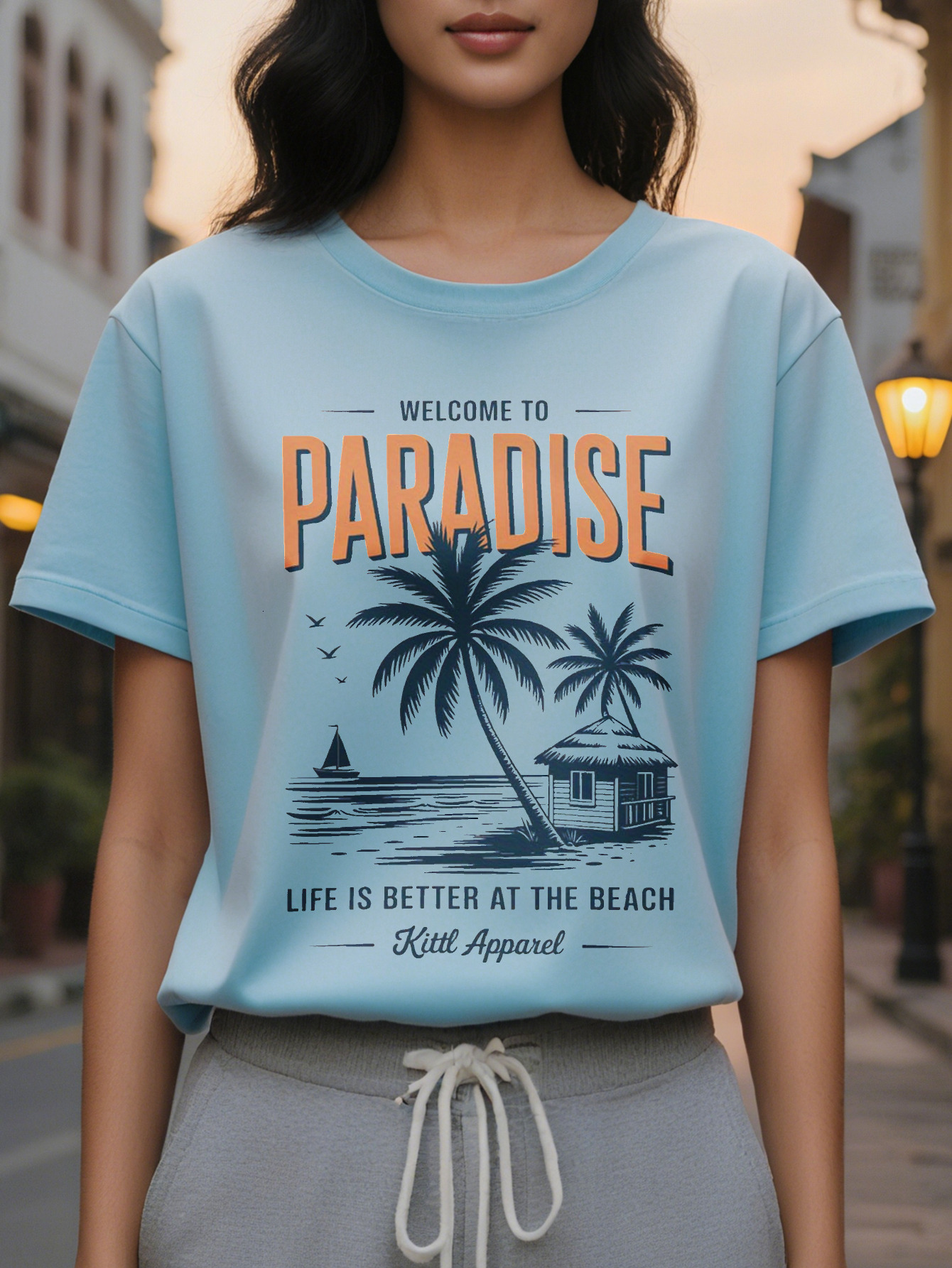 Women's Welcome to Paradise Patterned T-shirt Elegant Summer with Palm Trees and Sea Views Casual Round Neck Short