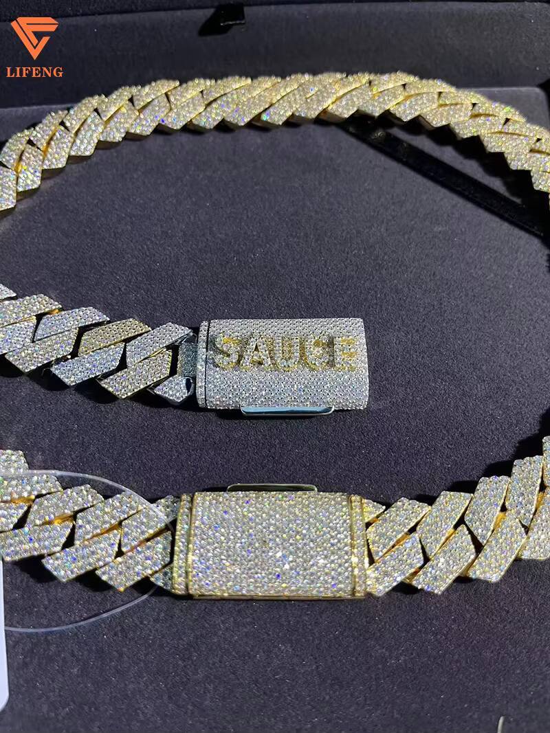 Two Tone Iced Out Moissanite Cuban Link Chain for Men 20mm Custom Name Clasp 925 Sterling Silver Cuban Chain Hip Hop Necklace