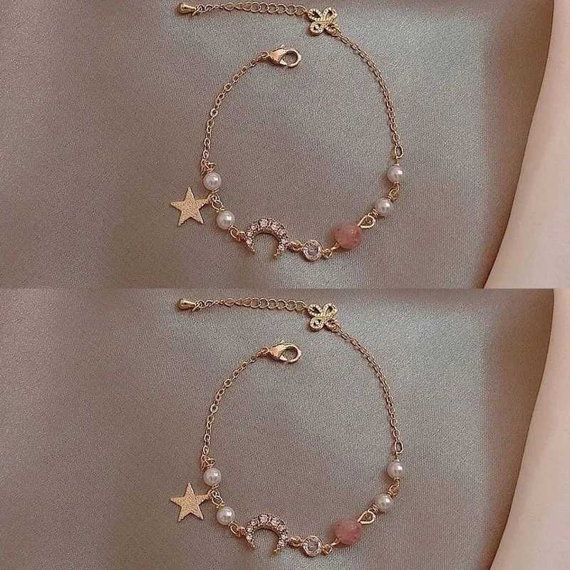 Simple Star Moon Zircon Pearl Bracelet For Women Ladies Cute Elegant Exquisite Shiny Link Chain Bracelet Charm JewelryXJ250904